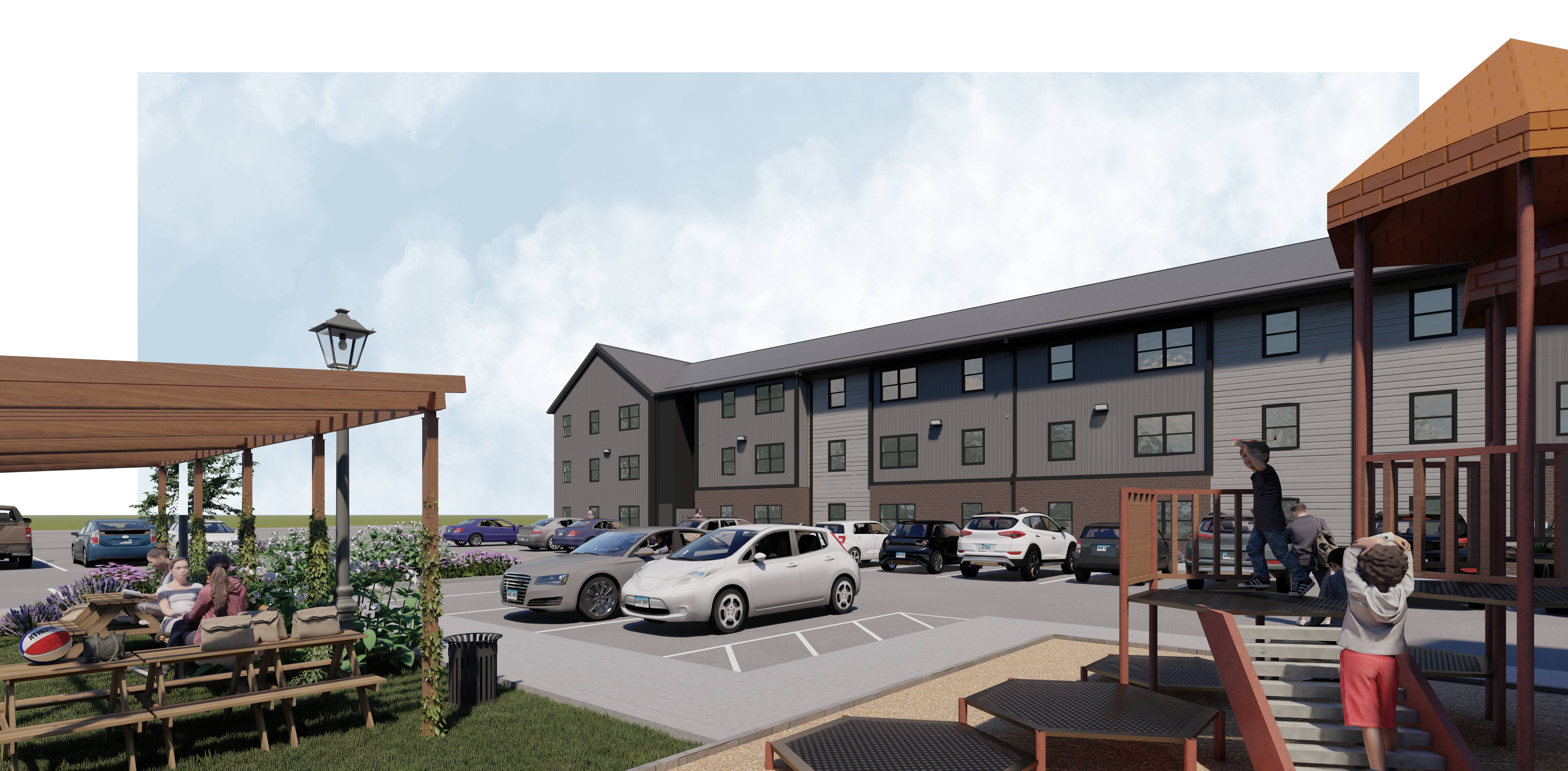 A rendering of a building with a parking lot in front.